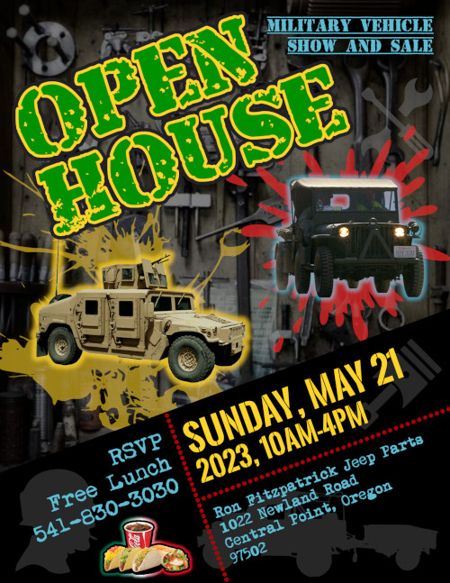 Ron Fitzpatrick is having an Open House, Military Vehicle Show & Swap Meet at his store on Sunday, May 21st, 2023 from 10am to 4pm.
